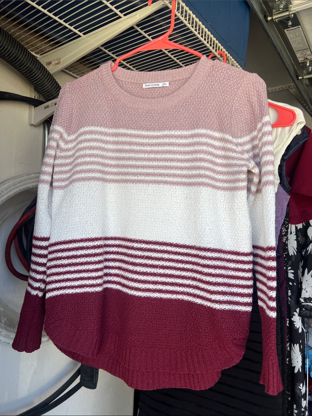 Pink Clover Striped Crewneck Sweater in Pink, White & Burgundy